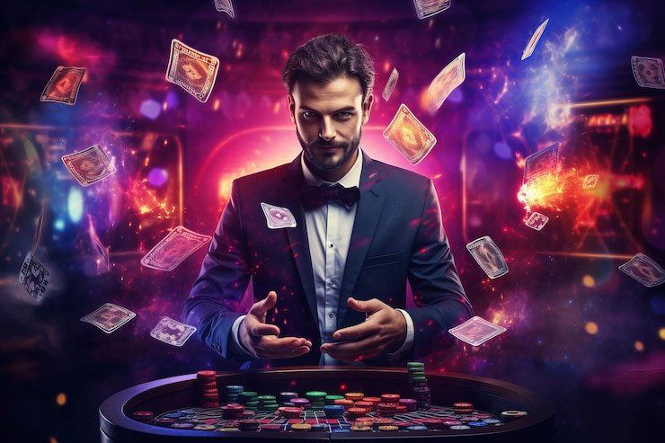 Slot game interface showing reel symbols, bet denomination selector, and spin button
